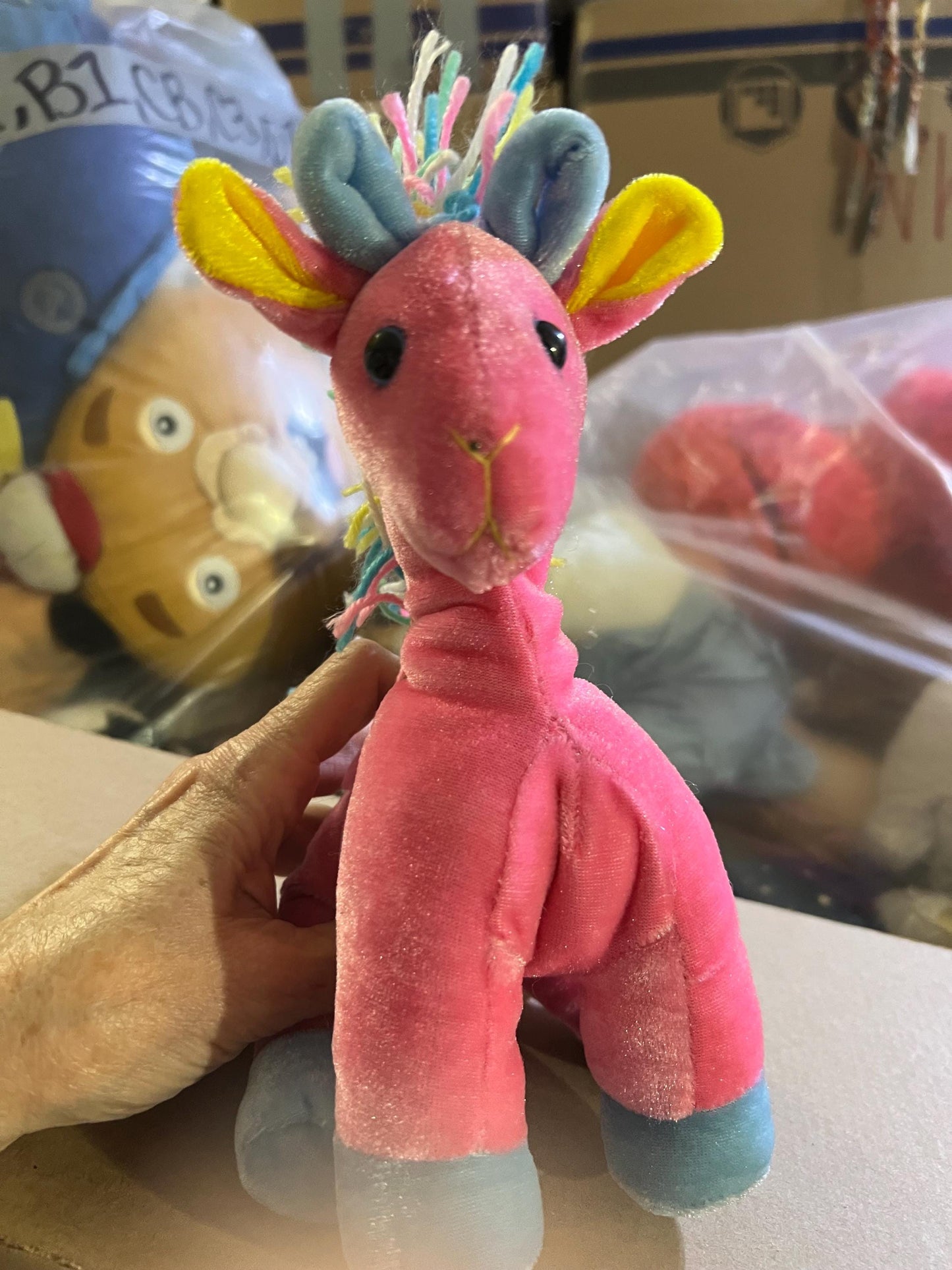 Sugar Loaf Plush Horse, Pink with Rainbow Yarn Hair (8")