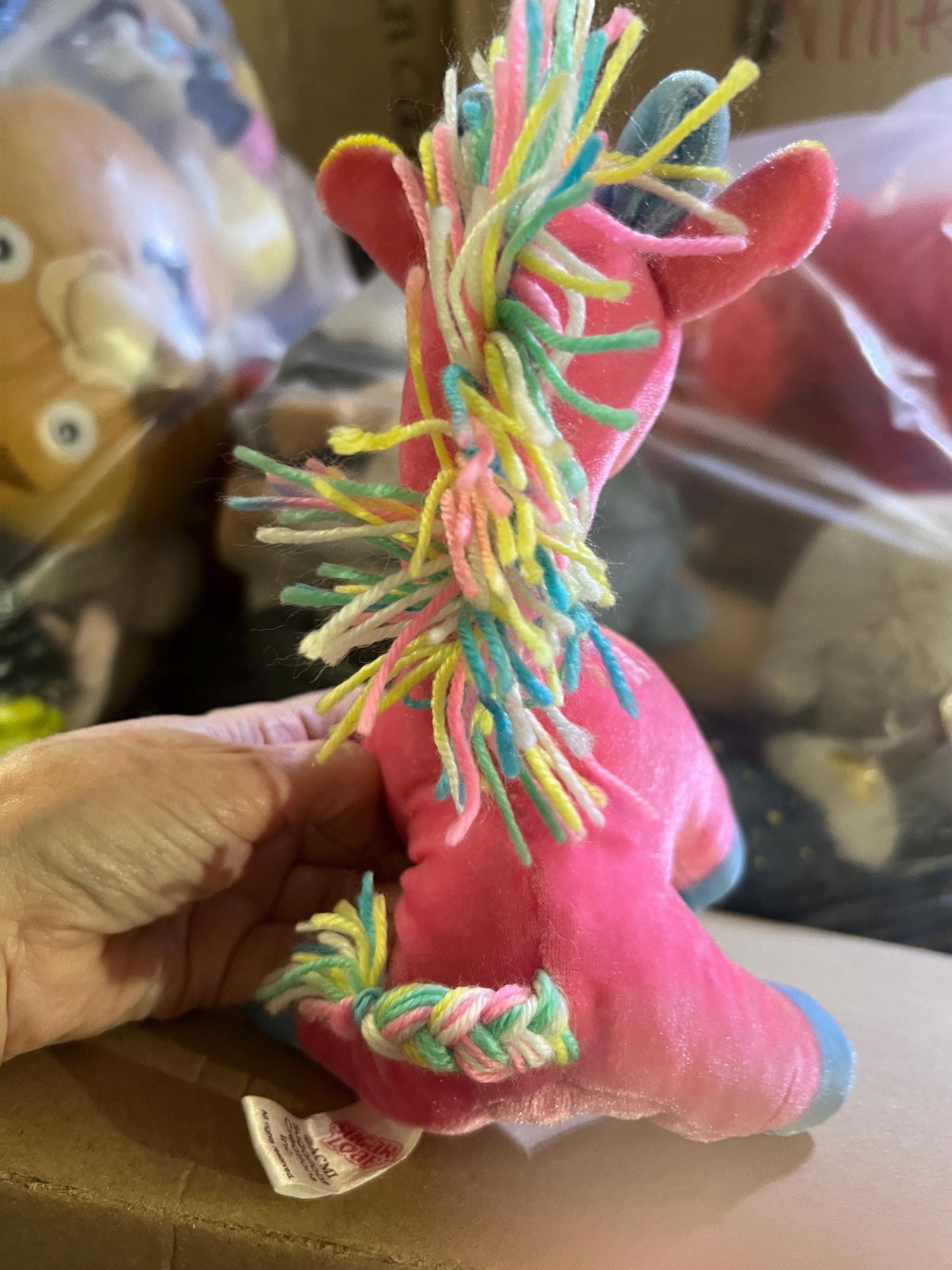 Sugar Loaf Plush Horse, Pink with Rainbow Yarn Hair (8")