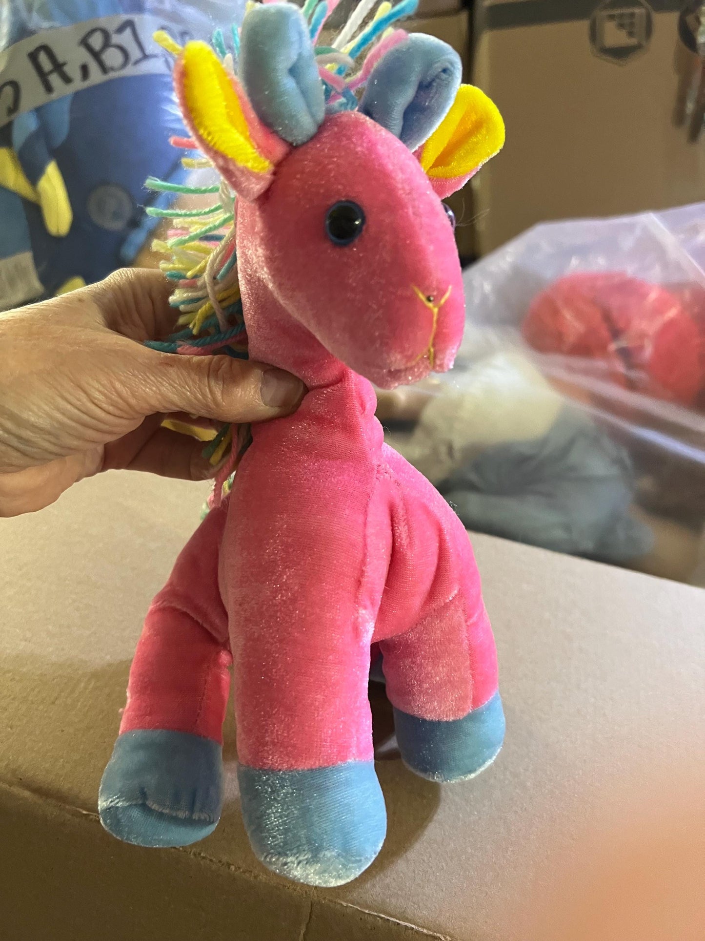 Sugar Loaf Plush Horse, Pink with Rainbow Yarn Hair (8")