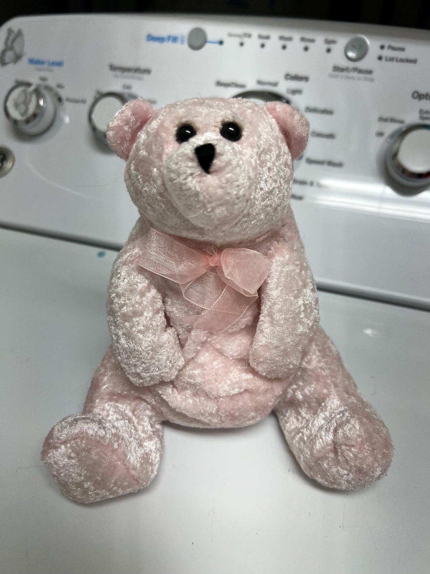 Pink Teddy Bear Plush with Pink Bow Sitting. Beans and Stuffing. Velvet type fabric