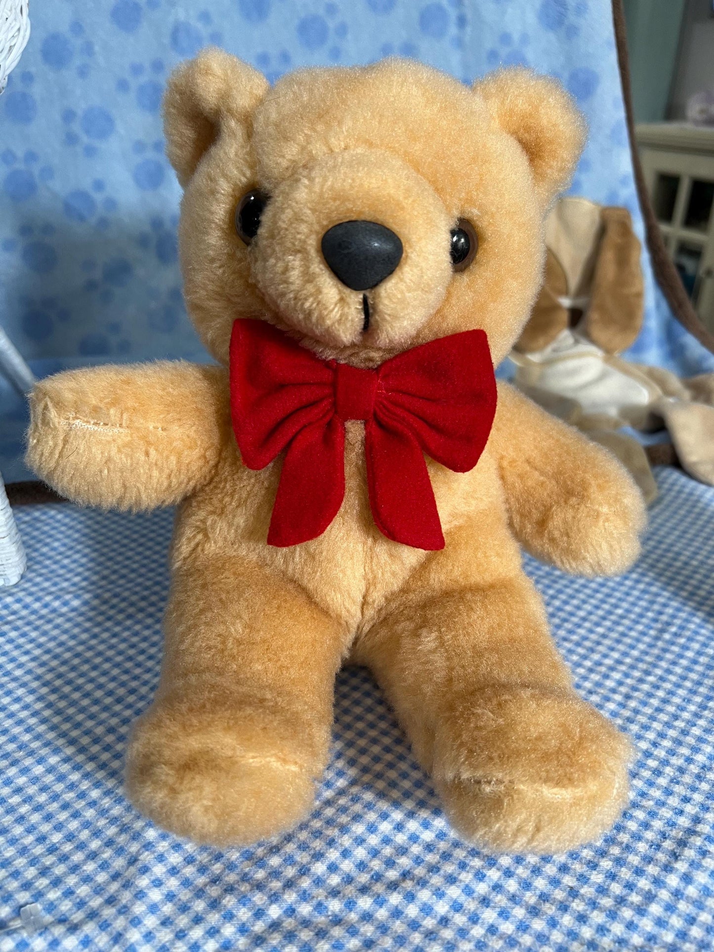 Tan Teddy Bear Plush Red Bow Unbranded Vintage