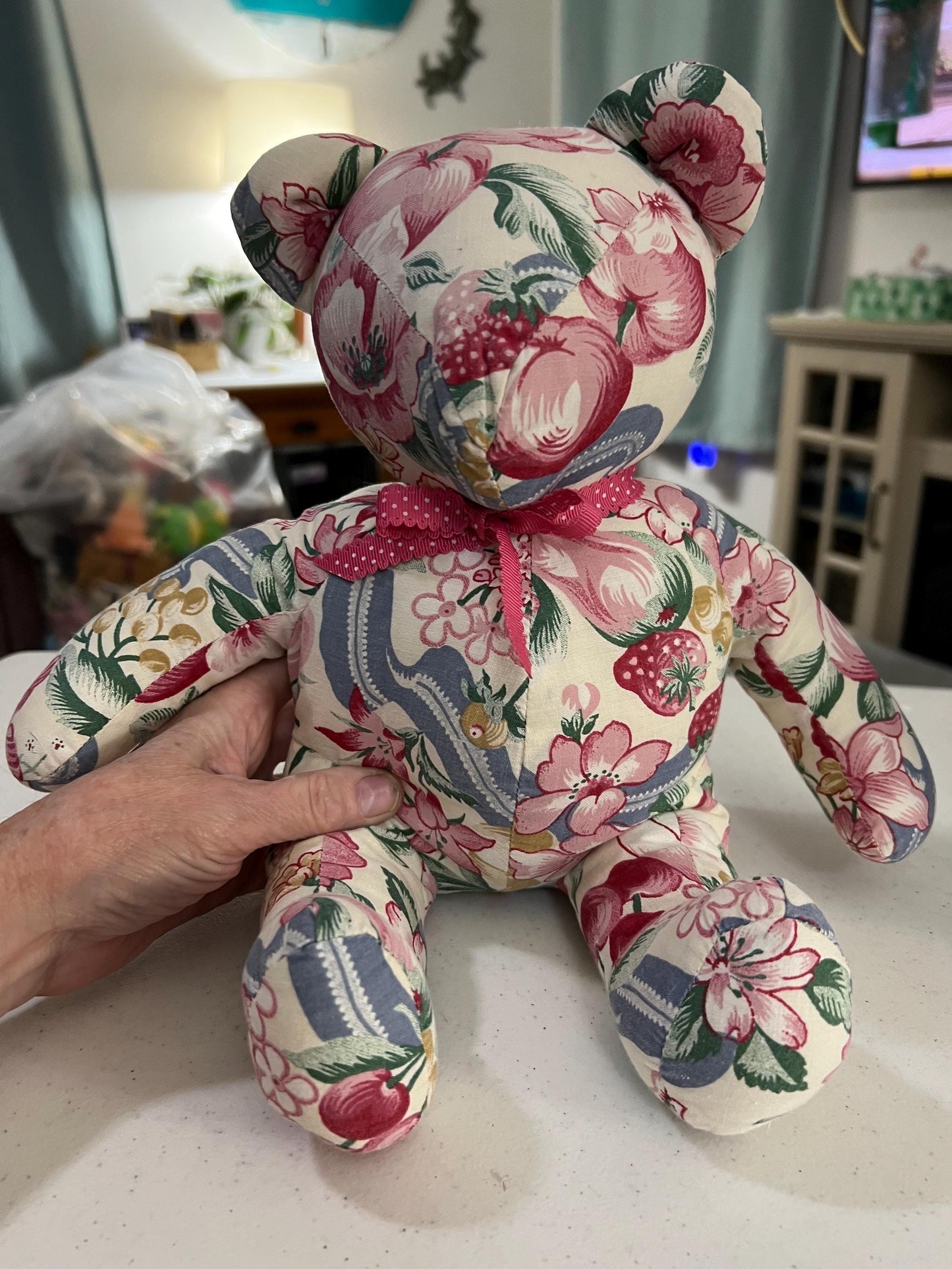 Vintage Floral Teddy Bear Plush No Facial Features. Handmade OOAK