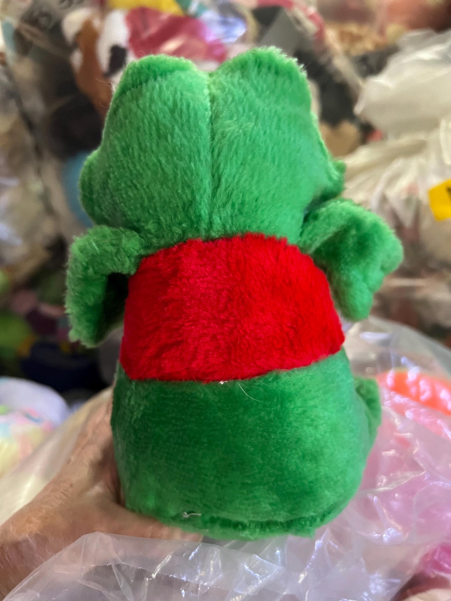 Green Carnival Style Hard Stuffed Dapper Frog Plush With Red Vest And Bow Tie.