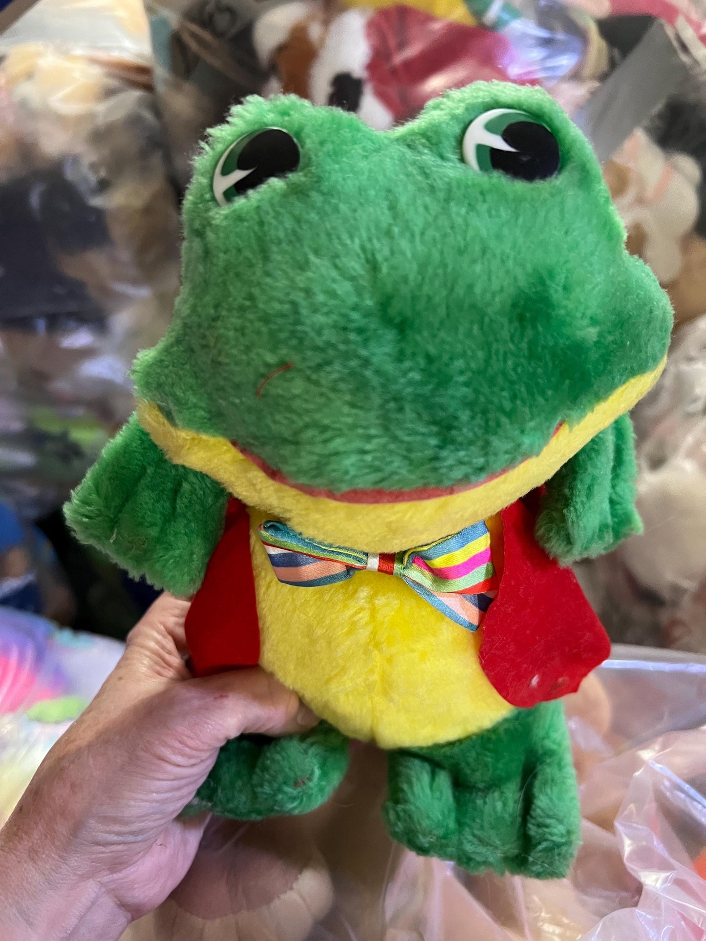 Green Carnival Style Hard Stuffed Dapper Frog Plush With Red Vest And Bow Tie.