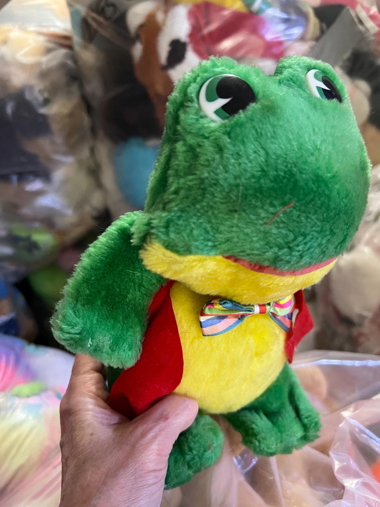 Green Carnival Style Hard Stuffed Dapper Frog Plush With Red Vest And Bow Tie.