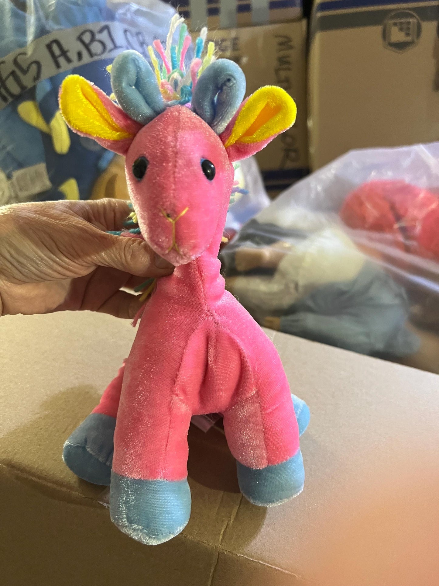 Sugar Loaf Plush Horse, Pink with Rainbow Yarn Hair (8")