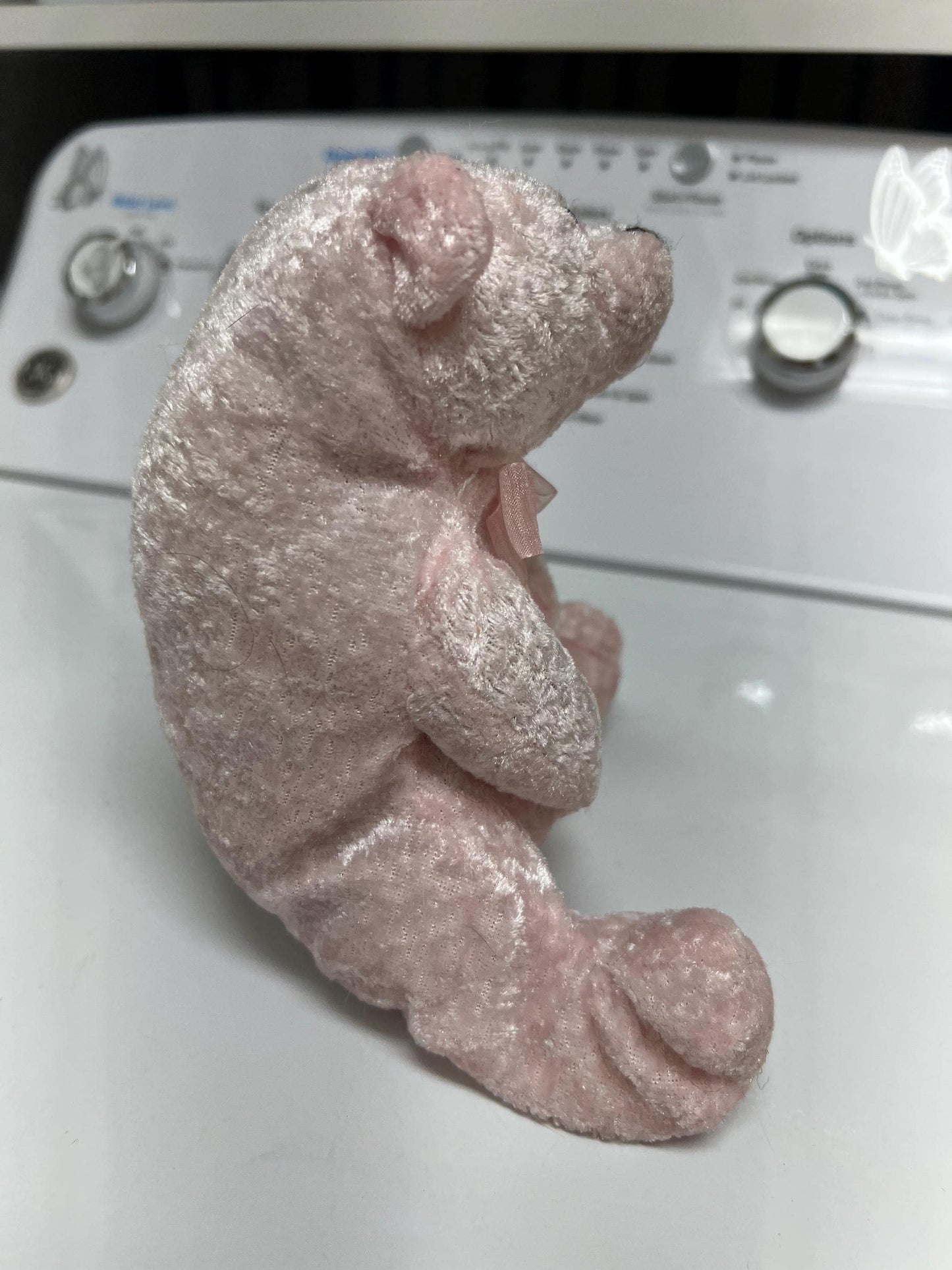 Pink Teddy Bear Plush with Pink Bow Sitting. Beans and Stuffing. Velvet type fabric