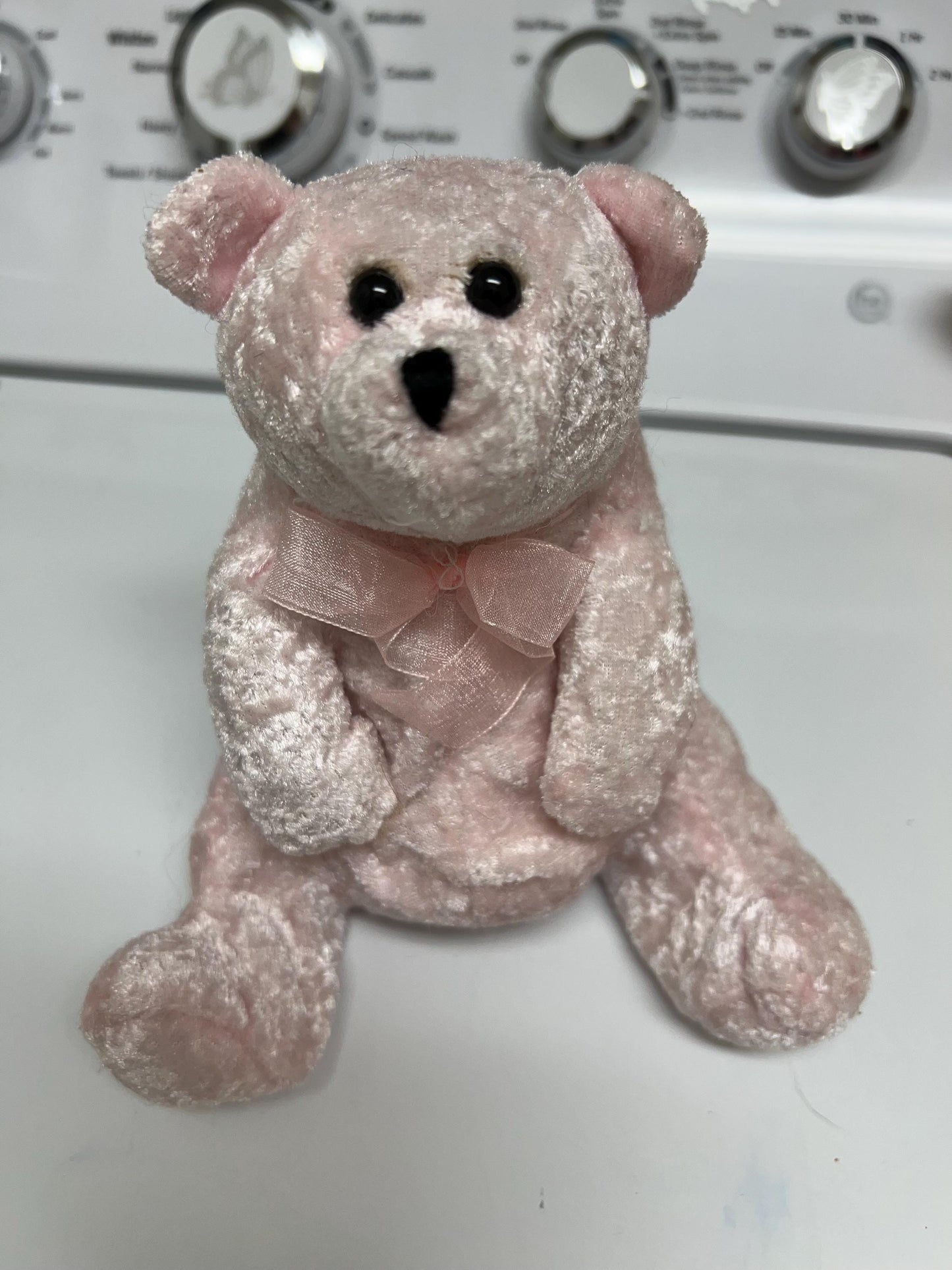 Pink Teddy Bear Plush with Pink Bow Sitting. Beans and Stuffing. Velvet type fabric