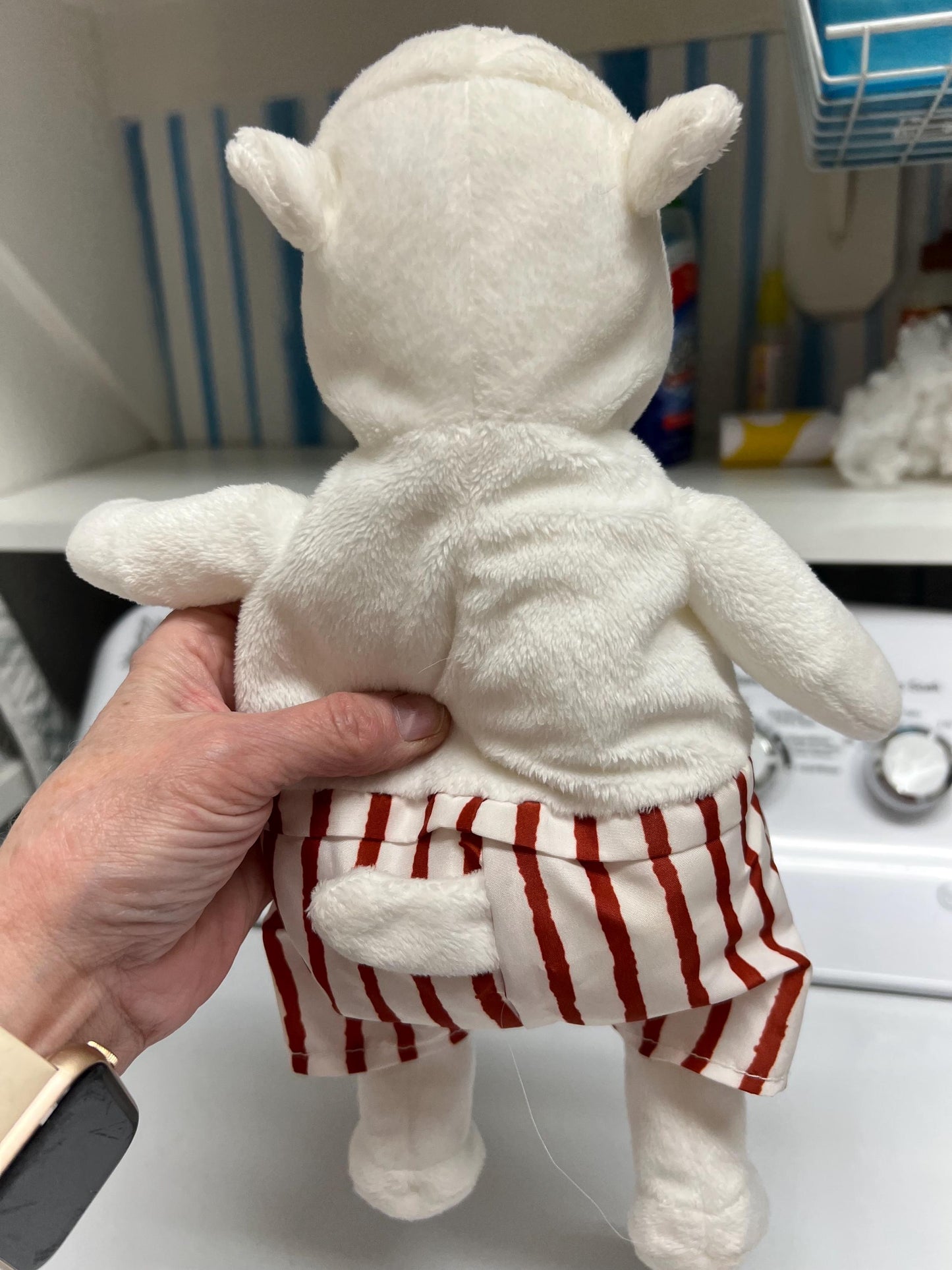 Ikea VANLIGHET White Dog Plush with red and white striped shorts.