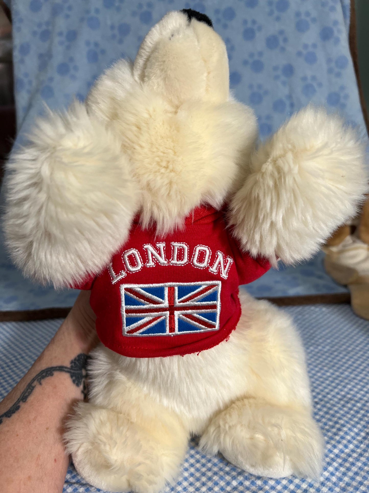 Aurora Sea World Busch Gardens White Polar Bear Plush. Red London Hoodie Laying Down